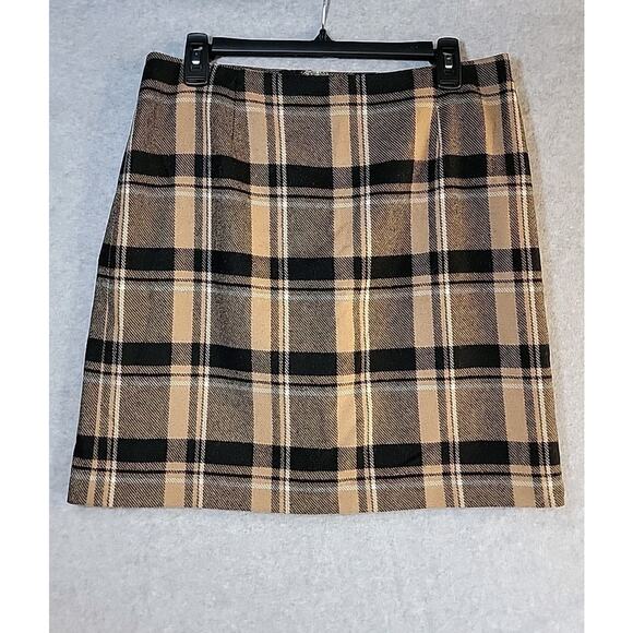 Ann Taylor Dresses & Skirts - ANN TAYLOR Wool Plaid Tartan Mini Skirt Brown Tan Black White Classic Lined EUC